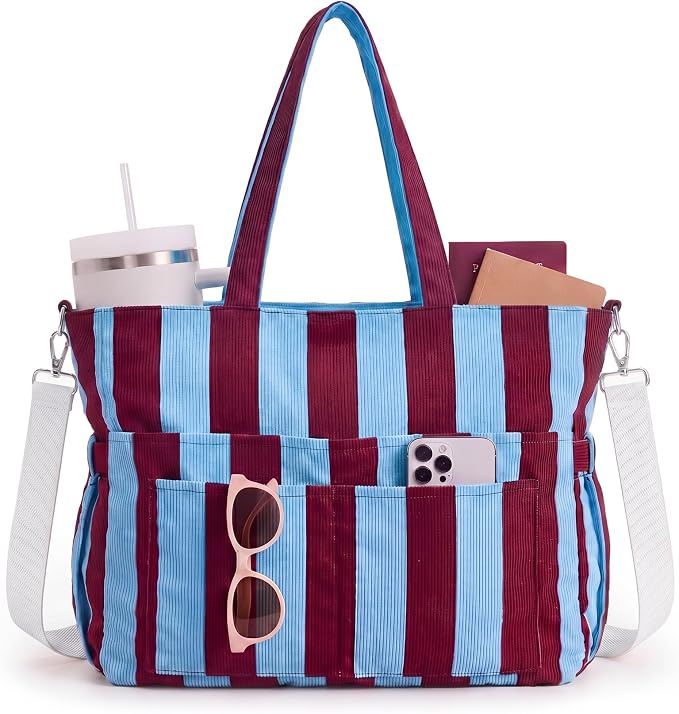 Kacctyen Striped Beach Tote Bag for Women Large Beach Foldable Tote Bag with Zipper Pockets for Travel Pool by Kacctyen