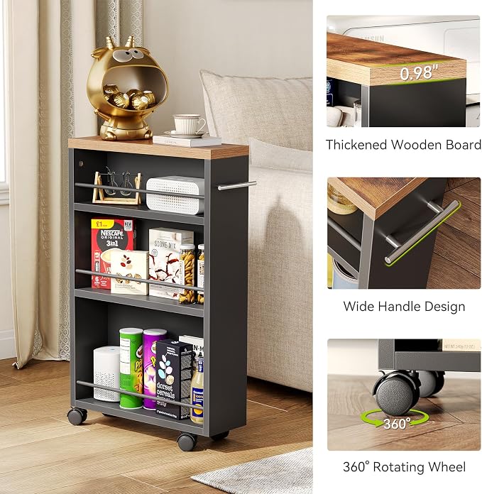 LITTLE TREE Slim Rolling Storage Cart, 3 Tier Snack Cart with Wheels for Kitchen, 6.3 Inch Wide Bathroom Organizer Shelves, Wooden Utility Cart for Laundry Room, Black - Image 5