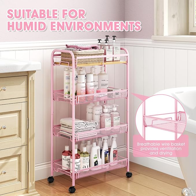 TOOLF 4-Tier Rolling Cart, Metal Utility Cart, Slide Out Storage Cart with Wooden Tabletop and Mesh Baskets, Easy Assemble Trolley for Kitchen Bathroom Laundry Room Bedroom Apartments Dormitory - Image 5