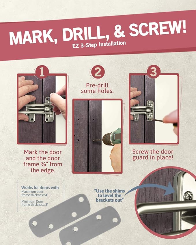 Jack N’ Drill Swing Bar Door Lock Durable Door Guard for Back & Front Doors, Childproof Door Security Made from Reinforced Diecast Metal for Home Security (Satin Nickel, 2 Pack) - Image 4