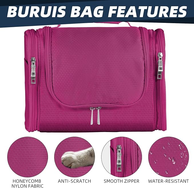 Buruis Large Capacity Waterproof Toiletry Bag for Women, Hanging Toiletry Organizer, 11"x 6.2"x 8.8", Fushcia | Honeycomb Nylon Design, Large Capacity, Dual Zippers, Sturdy Hanging Hook, Full-Size Toiletry Storage, Cosmetic Essentials - Image 6