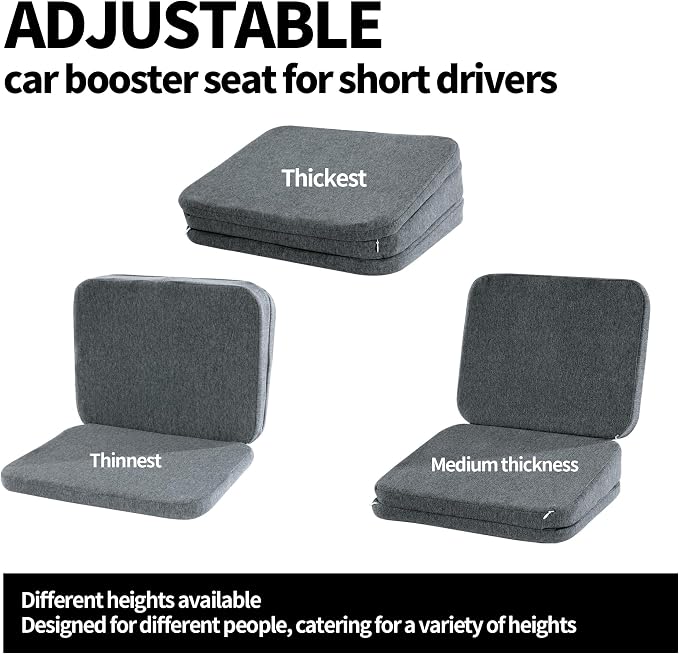 HOMBYS Adjustable Car Booster Seat for Short Drivers, 3 Heights for Different People, Adult Car Seat Cushions for Driving, Supportive Car Seat Pad for Lower Back Pain Reduce, (17"x13.8"x6.3", Grey) - Image 2