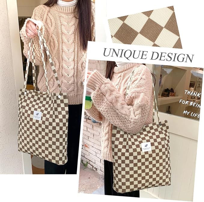 LHMTQVK Corduroy Tote Bags for Women, Large Capacity Tote Purse Reusable Grocery Shoulder Bag with Inner Pockets - Image 5