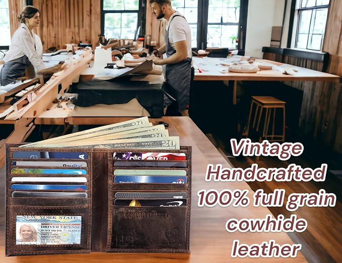 F&L CLASSIC RFID Blocking Mens Leather Bi-Fold Big Hipster Wallet, 13 credit card slots,buffalo vintage brown - Image 4