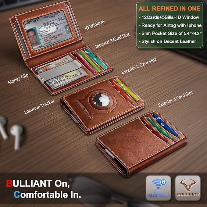 BULLIANT Magnetic Slim Leather Airtag Wallet Money Clip For Men 12Cards | RFID Blocking | Easy Access | Gift Boxed | Pocket Fit - Image 2