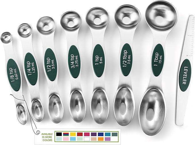 Spring Chef Stainless Steel Magnetic Measuring Spoons Set of 8, Pine Green | Nesting Metal Teaspoon & Tablespoon Measuring Spoons with Leveler for Dry & Liquid Ingredients, Dual Sided, Dishwasher Safe by SpringChef