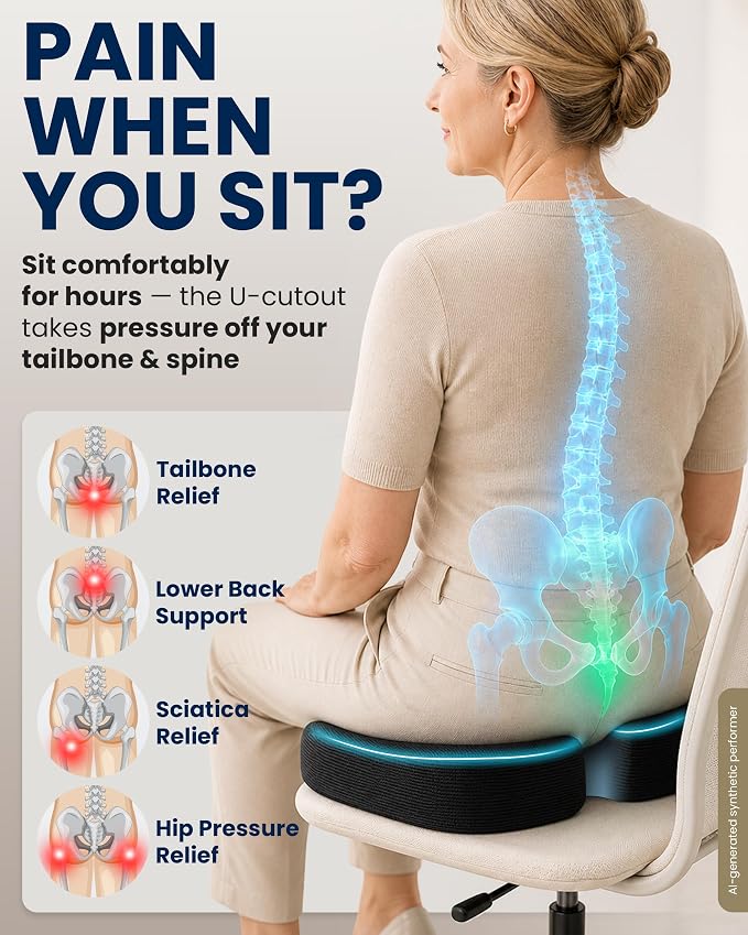 5 STARS UNITED Seat Cushion - Memory Foam Chair Cushion for Tailbone Pain Relief - Ergonomic Support for Coccyx, Sciatica & Butt - Office, Desk & Gaming Chair, Car Seat, Wheelchair, Airplane, Black - Image 2