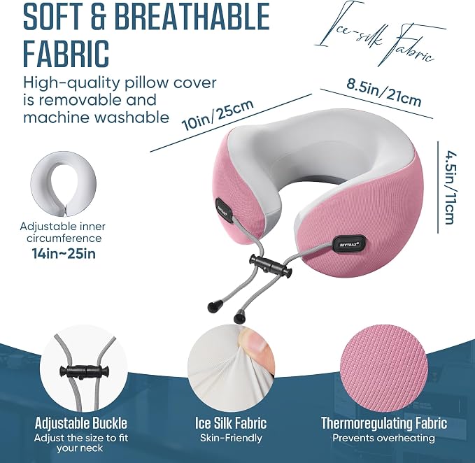 Premium Travel Neck Pillow Cooling Ice Silk Memory Foam Cervical Pillow for Airplane & Long Flights, Ergonomic Neck Support for Sleeping & Pain Relief, Washable Cover, Compact Carry Case (Pink) - Image 5