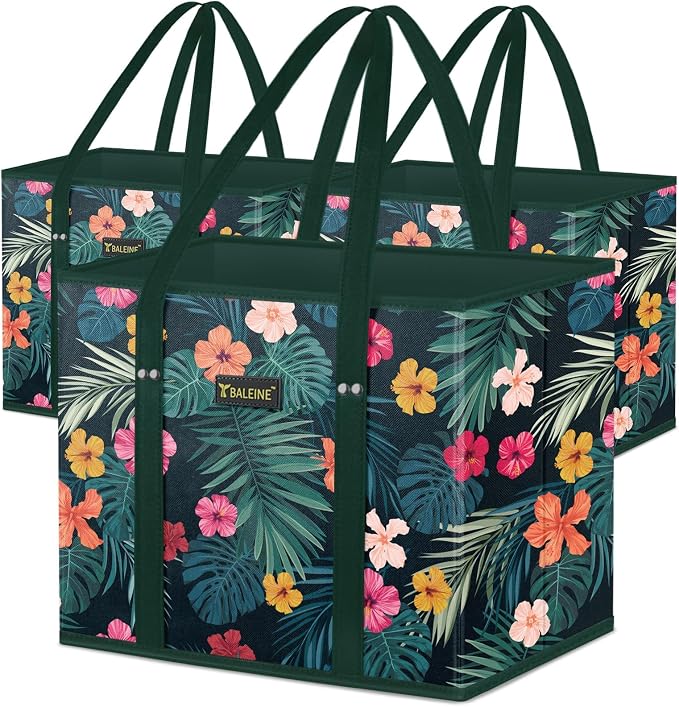 BALEINE 3PK Reusable Grocery Bags, Heavy Duty Shopping Tote Bag | 12'' Long Handles, Reinforced Bottom Keeps Upright, Fold Flat Storage, Water-Resistant Shopping Bag, Multiple Color Options by BALEINE
