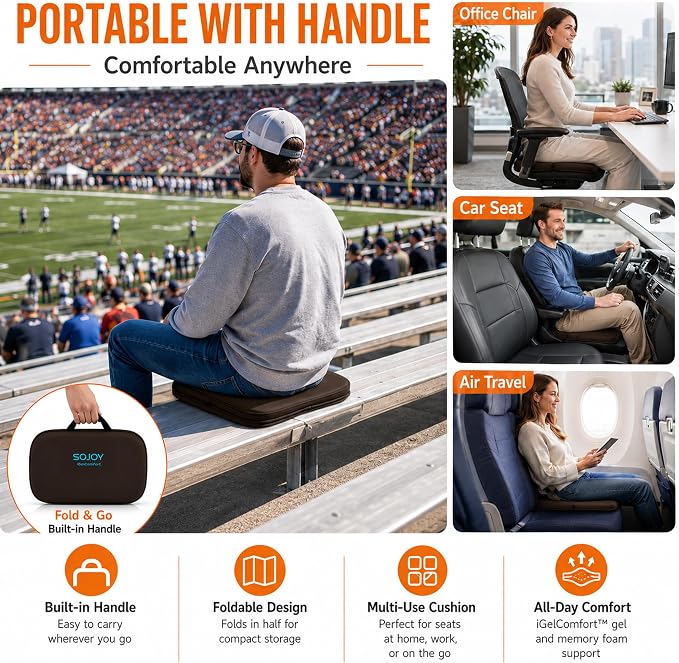 3-in-1 Foldable Gel Seat Cushion with Memory Foam Ergonomic Portable Cushion for Back Pain & Tailbone Relief - Perfect for Office Chair, Airplane Travel & Stadium Seats (18.5" x 15" x 2" Brown) - Image 7