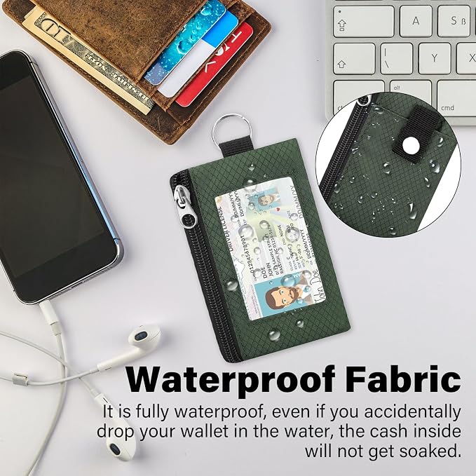 Minimalist RFID Blocking Wallet with 2 Zip Pockets and Lanyard, Water Resistant ID Case with Key Ring and Cards Badge Holder, Coin Purse Pouch for Men and Women Travel Sports -GREEN - Image 4