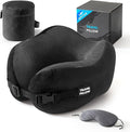 Neck Pillow Travel Pillow - 100% Pure Memory Foam Airplane Pillow with Adjustable Clasp & Removable Cover, Portable Travel Essentials for Long Flights, Car & Office (Black, with Eye Mask) by PEUJEW