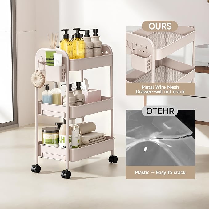 Heavy-Duty Rolling Cart 3 Tier Metal Utility Storage Cart | with Casters, Hooks & Hanging Cups, Rolling Storage Organizer for Kitchen Office Craft Snack Book - Image 7