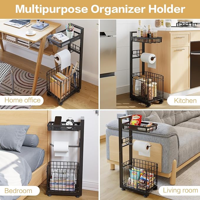 Freestanding Toilet Paper Holder Stand with Storage Shelf, Black | Sturdy Multi-tier Metal Stand with Large Foldable Basket. Versatile for Bathroom, Kitchen, Living Room. Adjustable Organizer - Image 3