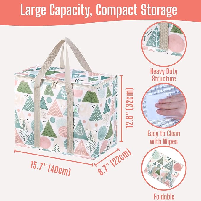 VENO 2 Pack Insulated Cooler Bag for Food Delivery, Reusable Grocery Bag | Heavy Duty Large Collapsible Cooler Shopping Tote w/ Zippers, Foldable, Stands Upright for Camping (Pastel Forest, 2 Pack) - Image 2