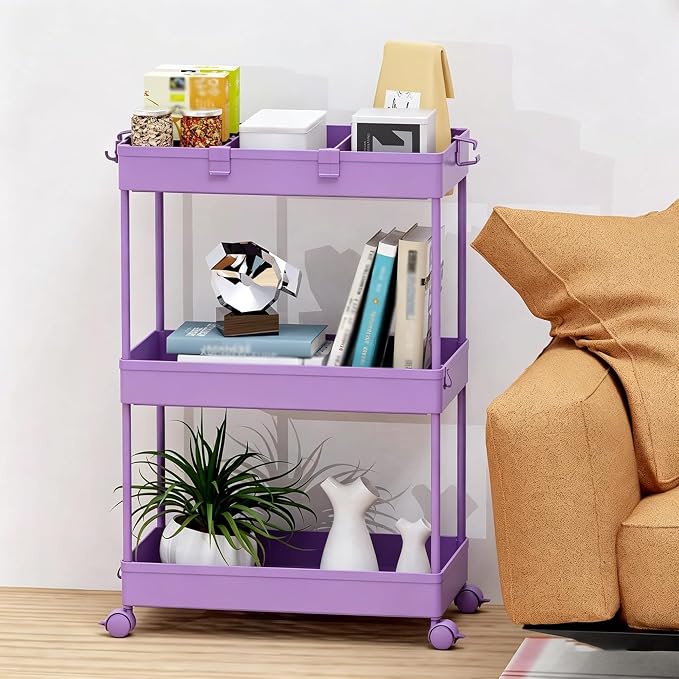 Slim Storage Cart 3 Tier,Bathroom Organizer Rolling Utility,Mobile Shelving Unit Slide Out for Office, Kitchen, Laundry Room & Narrow Places,Purple - Image 5