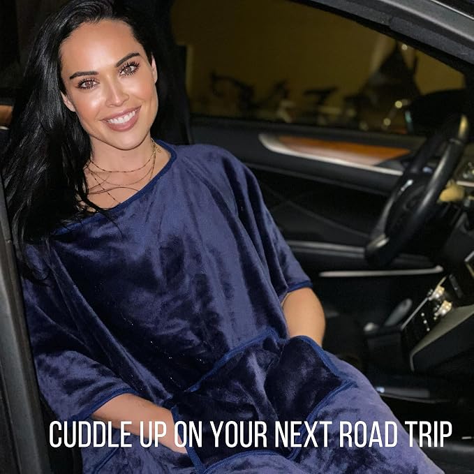 Kululu Travel Blanket and Pillow Set, Airplane Blanket Compact 2-in-1 Combo Set, Flight Essentials Poncho with Pocket, Pouch & Luggage Backpack Strap | Travelers Gifts Accessories 62"x45" (Space Blue) - Image 4