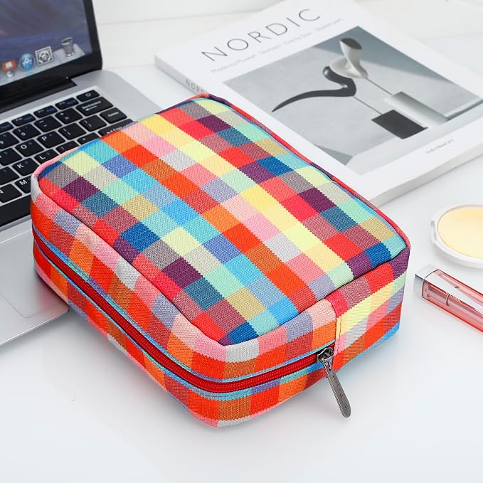 E-Tree Cute Makeup Bag,Big Travel Make up Pouch,Zipper Large Toiletry Cosmetic Brush Skin Care Case for Women Man,Tech Electronic Organizer,Small Canvas Storage for Personal Items,Colorful Checkered - Image 6