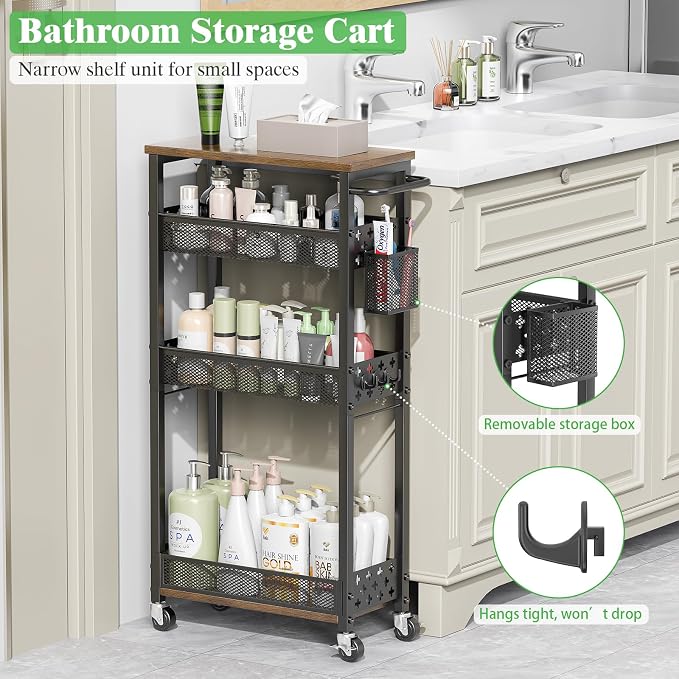 4 Tier Slim Rolling Storage Cart Laundry Room Organzier with Wheels | Small metal bathroom cart，kitchen organizer, trolley with handle and mesh basket, 7.1 inch width for narrow space, black - Image 5