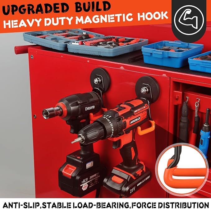 ULIBERMAGNET New Upgraded Heavy Duty Magnetic Garage Hooks,4 Pack Strong Large Magnet Hooks for Power Drill,Garden Tools,Hose,Pegboard,Garage, Workshop,Magnetic Storage Hook for Hanging(Orange) - Image 2