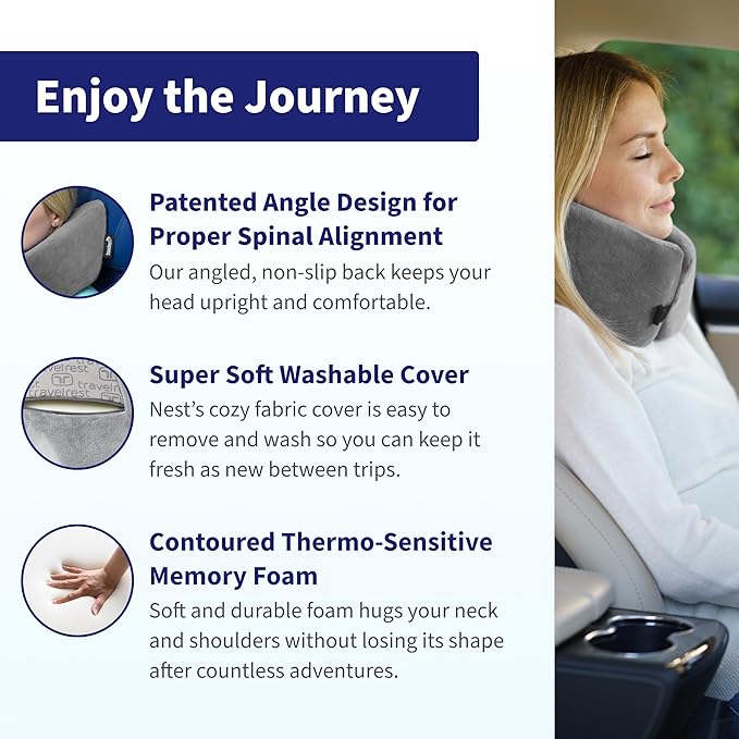 TRAVELREST Nest Neck Pillow Travel Essentials - Memory Foam Support - Grey | Breathable, Compact, Soft and Comfortable Design, Head & Shoulder Support For Long Flight Travel, Lightweight Washable Cover - Image 3