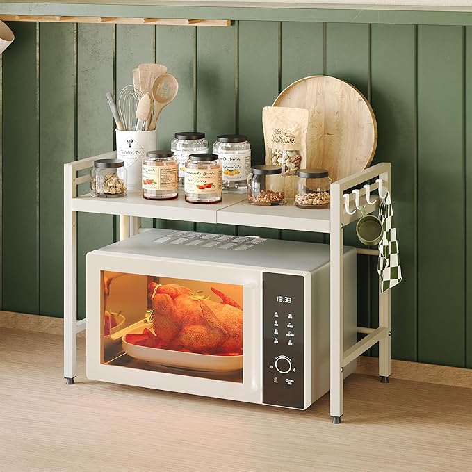 2 Tier Expandable Microwave Stand countertop,Microwave Oven Rack | microwave shelf, storage shelves for pans &appliances,Adjustable partition height，8 Hooks,55lbs max load,White - Image 2