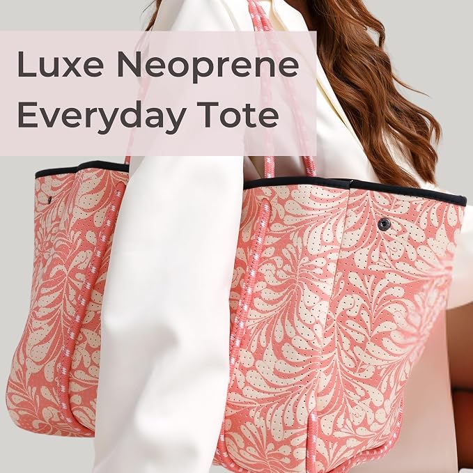 POPUPS Large Neoprene Tote Bag for Women - Everyday Designer Handbag for Travel Work and Beach with Pockets and Zipper Pouch - Image 2