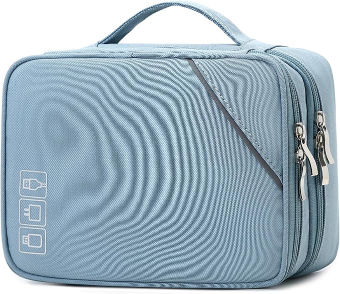 Lanola Custom Personalized Travel Cable Organizer Bag, Electronic Accessories Case Portable Double Layer Cable Storage Bag with DIY Dividers & Custom Photo Text - Light blue by Lanola