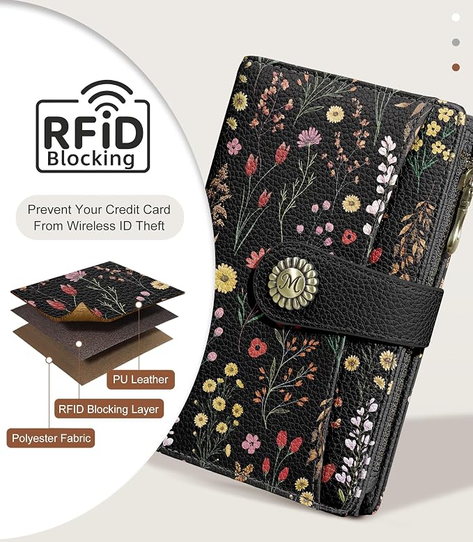 WildFlower Wallet Women RFID, Passport Holder, Credit Card Holder | 6.7" x 4.4" x 1.3" Bifold, Travel billfold, Zipper Pocket, PU Leather, Clutch, Purse, ID Window, Pen Holder, Gift Ladies Girl - Image 4