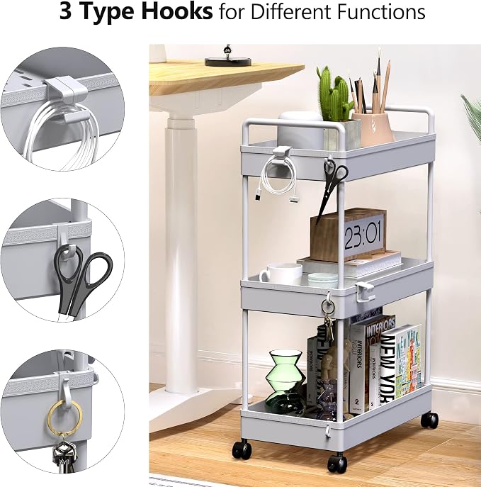 SOLEJAZZ 3 Tier Slim Rolling Storage Cart Organizer with Wheels, Gray | Utility cart for bathroom, laundry, bedside, dorm&narrow spaces. Fits craft, nail, makeup, snack, art, diaper&baby essentials - Image 3
