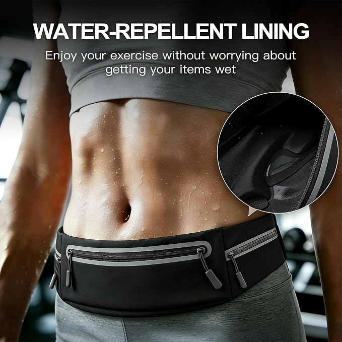 Slim Running Belt for Women Men,Phone Holder Waist Pack,Runners Fanny Pack | No-Bounce,Sweat-Proof Pocket,Travel Money Pouch for Gym/Hiking/Cycling,Three pocket,Two Highly Reflective Strips - Image 5