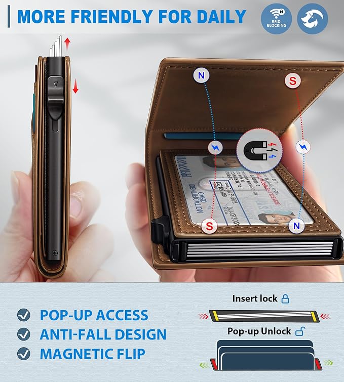 Wallet for Men, Slim Pop Up Card Holder with RFID Blocking, Minimalist Bifold Wallet with 9 Card Slots, ID Window and Cash Pocket, Metal Flip Case with Magnetic Closure, Gift Box - Image 3