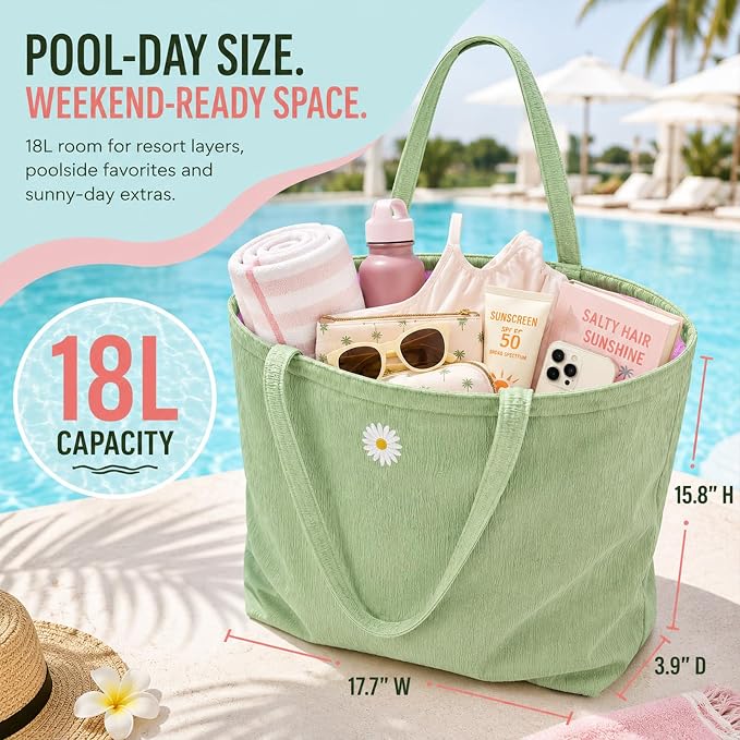CYD Vacation Tote Bag for Women, Reversible Pink Green Beach Carryall | Vacation tote bag for women and pool bag for women with reversible style, outer pockets and soft packable comfort. - Image 3