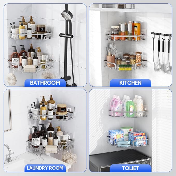 Corner Shower Caddy, Rustproof Shower Organizer with Soap Holder and 8 Hooks, No Drilling Adhesive Shower Shelves for Inside Shower, Large Capacity Shower Rack for Bathroom Shower Storage, Sliver - Image 8