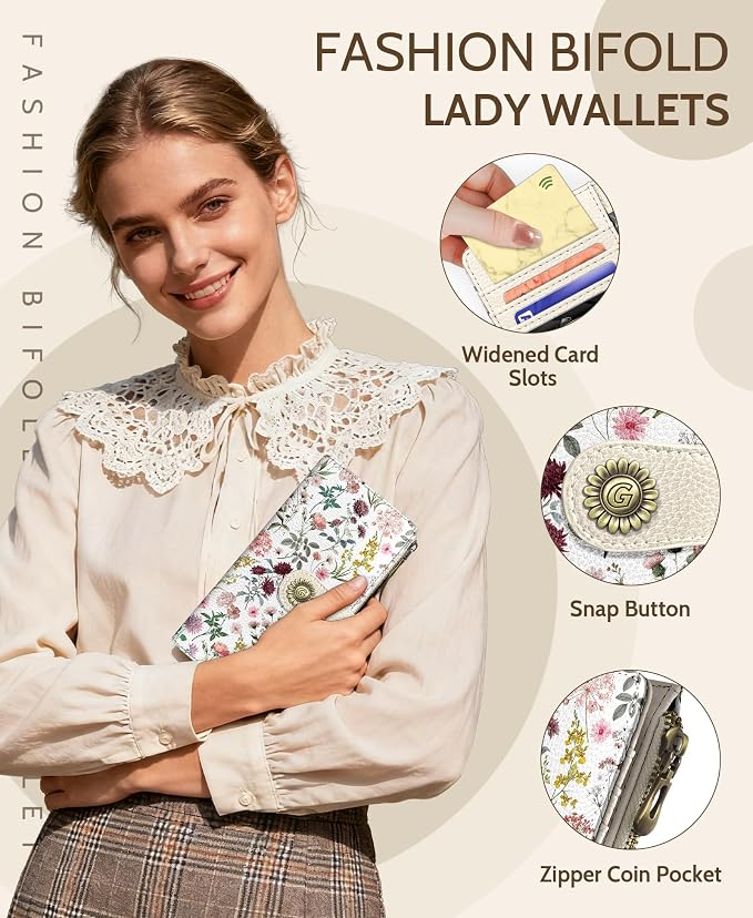GIANCOMICS Flower Wildflower Womens Wallet RFID, Credit Card Holder Bifold | Billfold, Cute Cash Purse, Travel Zipper Coin Pocket, Compact Clutch, PU Leather, ID Window, 11 Card Slots, Ladies Gift Woman - Image 6