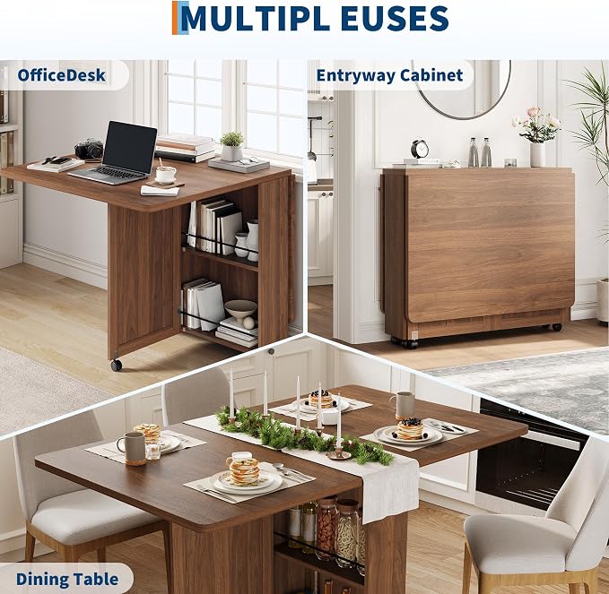 Garvee Folding Dining Table with Storage, Folding Kitchen Table with 6 Wheels, Drawer & Shelves, Compact Dining Table for Small Spaces - Image 4