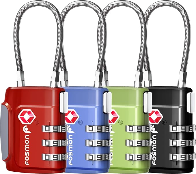 Fosmon TSA Approved Luggage Locks, Cable Suitcase Travel Lock, 3 Digit Long Shackle Combination Padlock, Wire Lock for Gym Locker, Backpack Anti Theft by Fosmon