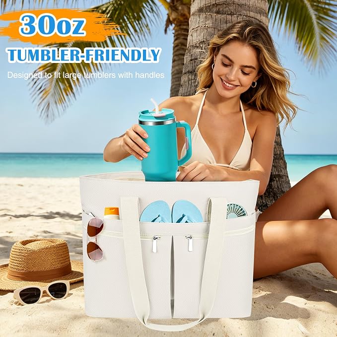 HUANLANG Large Beach Bags for Women Pool Bag with Zipper, Waterproof Sandproof Beach Tote Travel Bag with Wet Pocket - Image 2
