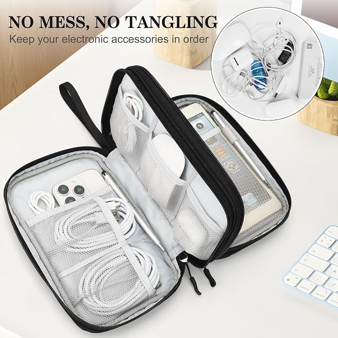 FYY Electronic Organizer, Travel Tech Pouch Bag, Large, Black Quilted | Wrist Strap, Waterproof, Double Layers Portable Electronics Travel Carrying Case for Cord, Charger, Daily Business Trips Use - Image 5