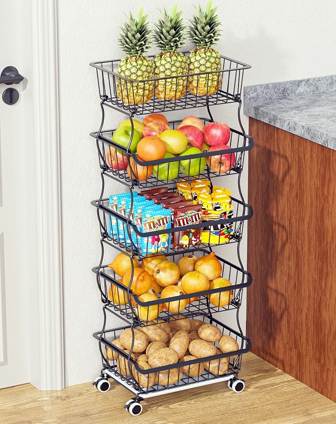 OKZEST 5 Tier Fruit Basket for Kitchen, Stackable Bins Wire Rack with Wheels, Fruit and Vegetable Storage Basket Pantry Food Snack Organizer Shelf, Kitchen Storage Cart for Onion and Potato, Produce | Kitchen pantry organizer rack with dirt catch tray,... by OKZEST