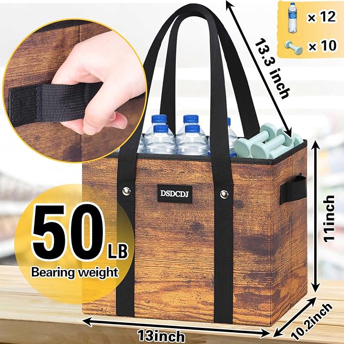 Reusable Grocery Bags - Heavy Duty Reusable Shopping Bags with Hard Bottom & Long Handles, Foldable Large Utility Tote Bag with Box Shape to Stand Up - for Kitchen, Picnic, 3 Pack, Rustic Brown - Image 5