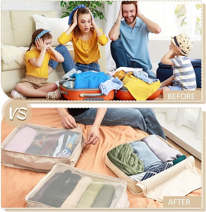 Silkfly 8 Pcs XL Packing Cube for Travel Luggage,Simple,Beige | 17.7 x 13 x 4.7, Same Size, Beige Suitcase Storage Organizer Set, Reusable Mesh Clothes Cube for Hiking Camp Family Accessory - Image 5