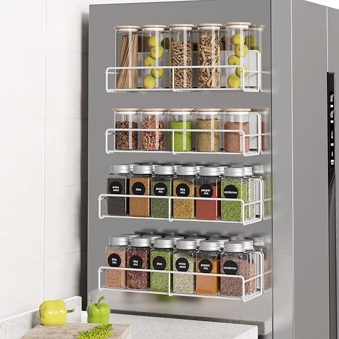 Mystozer 4 Pack Magnetic Spice Rack Organizer, Space Saver for Refrigerator and Microwave Oven, Metal Fridge Shelf Seasoning Rack Magnetic Fridge Organizer Magnet Shelf(White) by Mystozer