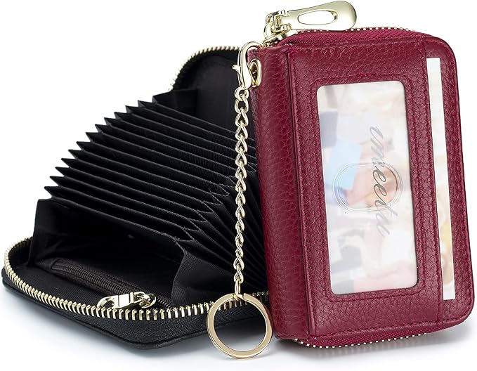 imeetu Rfid Credit Card Holder, Businese Card Case, Wallet for Women Men | Genuine Leather Card Wallet with id Window, Keychain & Double Zipper, Water-resistan Small Wallet with Gift Box, Daily Travel by imeetu
