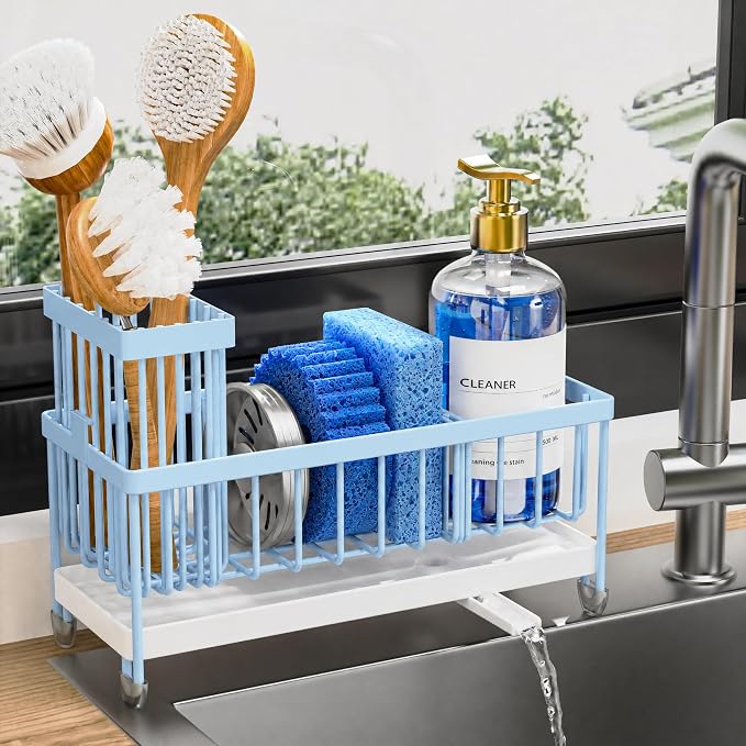 Cisily Sponge Holder for Kitchen Sink, Sink Caddy Organizer with High Brush Holder, Kitchen Countertop Organizers and Storage Essentials, Rustproof 304 Stainless Steel (Blue, 9.25″) by CISILYHOMELIFE