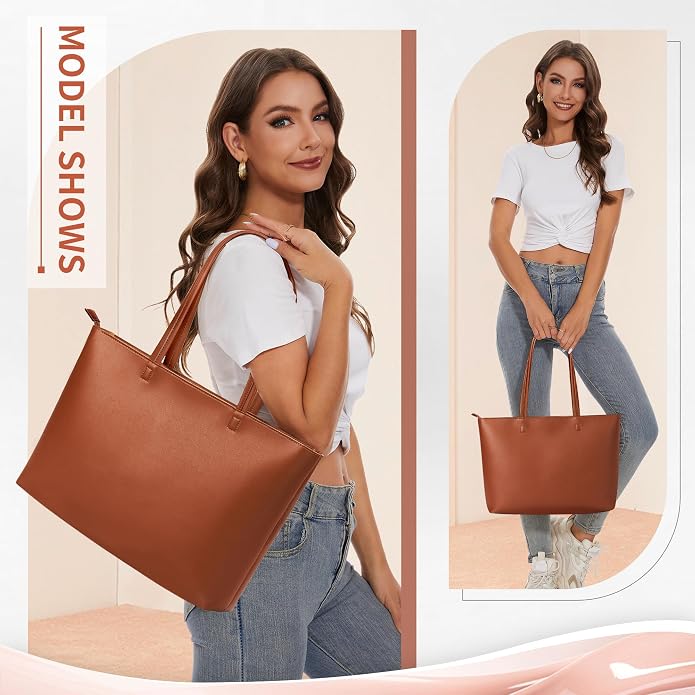 KALIDI Tote Bag Zipper Shoulder Bag Vegan Leather Purses Satchel for Women | Large Casual Handbag for Work Commuting Dating College Everyday - Image 2