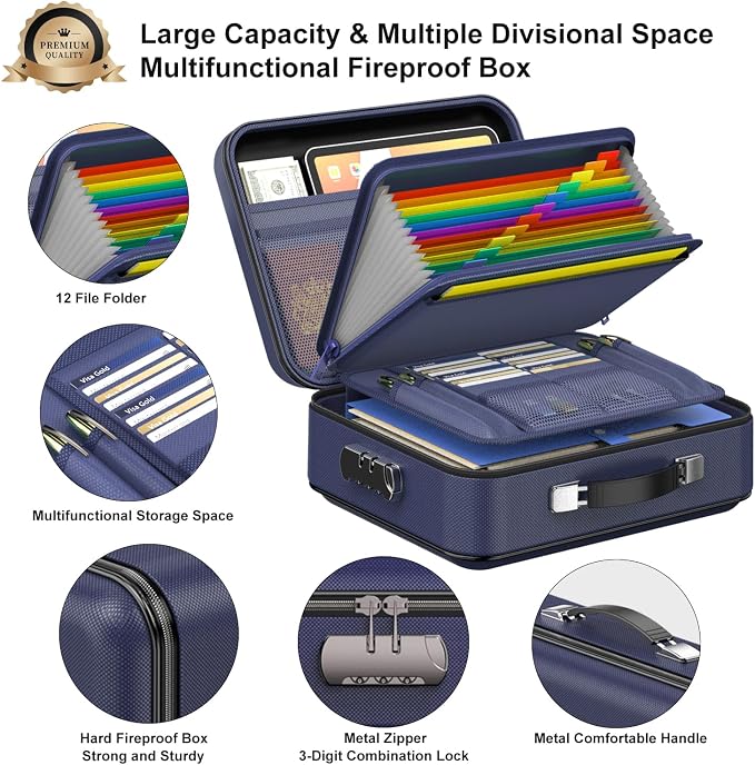 Fireproof Document Box with Lock, Hard Fireproof Document Organizer | Hard-Shell Fireproof Waterproof Safe Box with Combination Lock Blue - Image 4