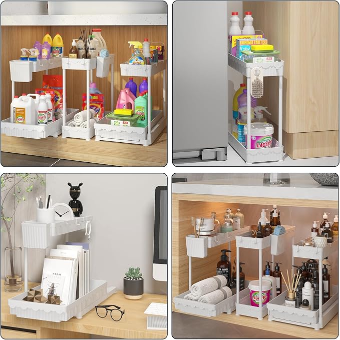 3-Pack 2-Tier L-Shaped Under Sink Organizers with Sliding Drawers | Multi-use kitchen & bathroom storage, 12.85 inch white cabinet organizer, space-saving sliding drawer design. - Image 6