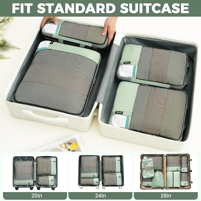BAGAIL 4 Set/6 Set/8 Set Compression Packing Cubes Travel Accessories Expandable Packing Organizers(HalfMesh, 8-MatchaGreen) - Image 8