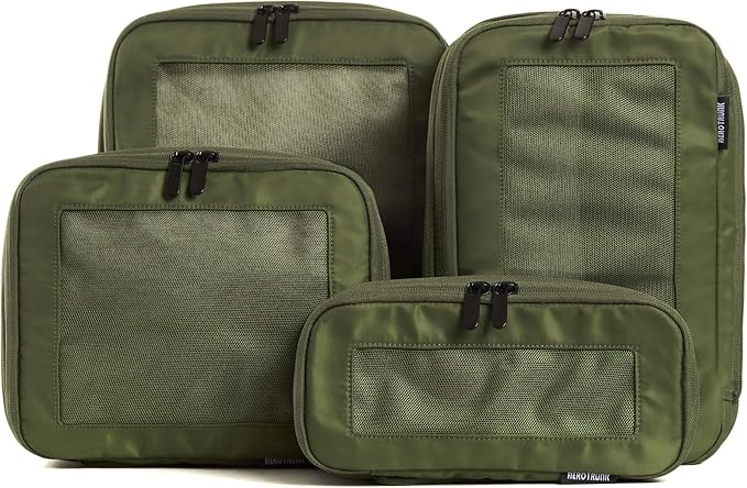 Compression Packing Cubes for Travel, 4-Pack, Olive | Solves overpacking, 4-Piece set fits most carry-ons, 50% Space savings, Compression luggage organizer bags by Aerotrunk